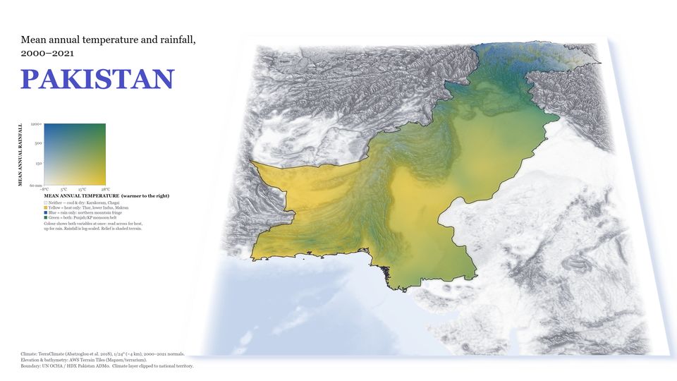 Relief map of Pakistan coloured by temperature and rainfall classes.