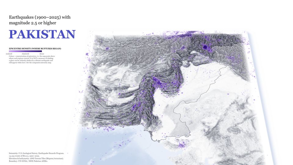 Relief map of Pakistan with earthquake epicentres clustered in the northern and western mountains; the plains are nearly empty.