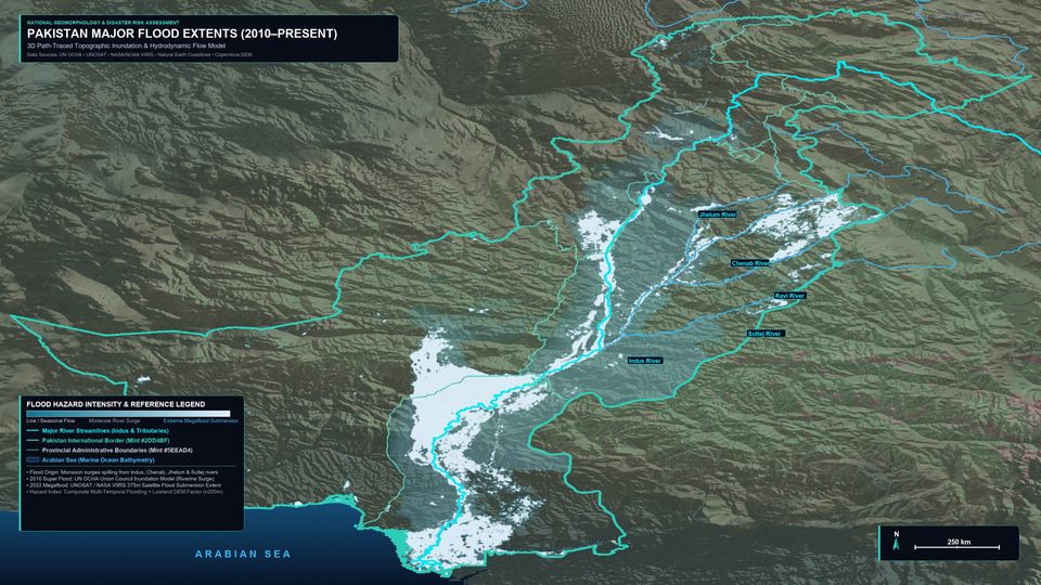 3D terrain of Pakistan with 2010 and 2022 flood extents along the Indus and major rivers.