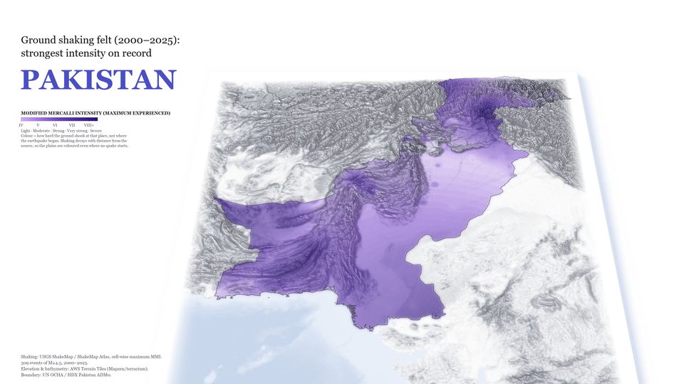 The same map coloured by the strongest shaking felt since 2000; colour covers nearly the whole country.