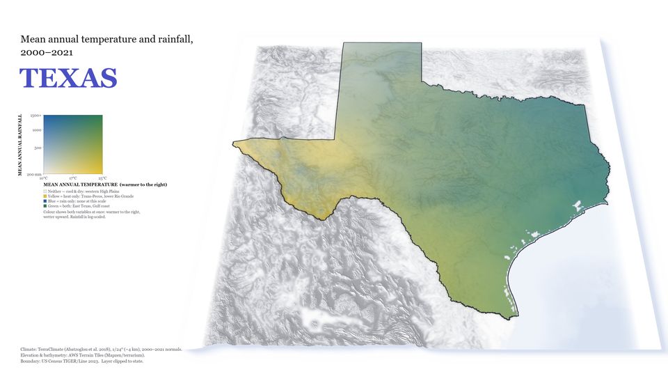 Texas coloured by temperature and rainfall: dry west, wet east.