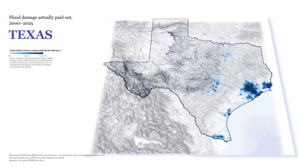 Relief map of Texas with paid NFIP flood claims concentrated around Houston.